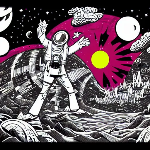 Image similar to colorful mcbess style galactic war