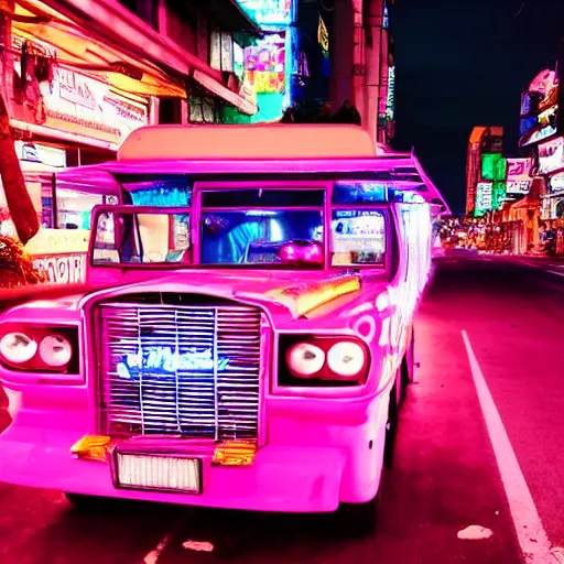 Prompt: a pink cyberpunk philippine jeepney at a neon lit busy road