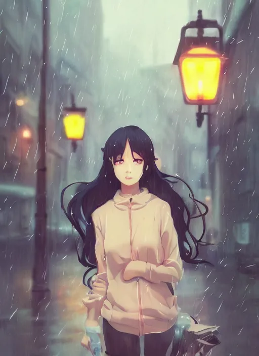 Image similar to listening to music at 2 am, night, pretty girl, pose, rain, lofi, lofi, peaceful, street light, anime key visual, poster, anime, by wlop, high quality, 4 k, trending, trending on artstation