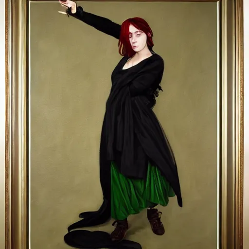 Image similar to Billie Eilish as female loki, oil on canvas, noir, trending on artstation, by Ian Sprigger and Edmund Blair Leighton and Charlie