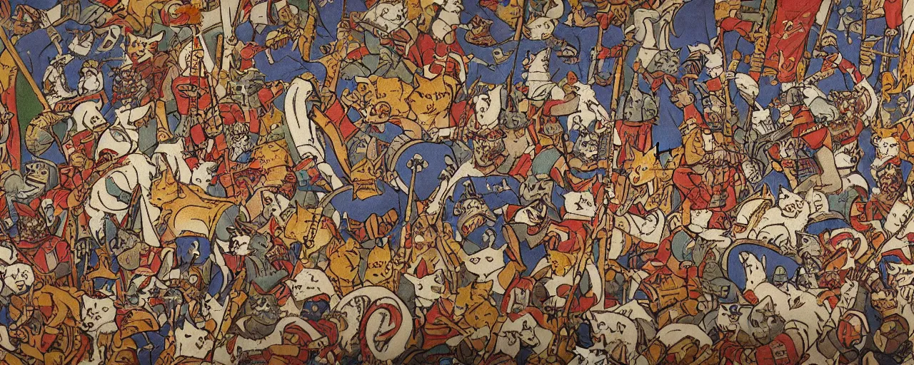 Prompt: the holy crusade of cats wariors, in the style of Middle Age tapestry,