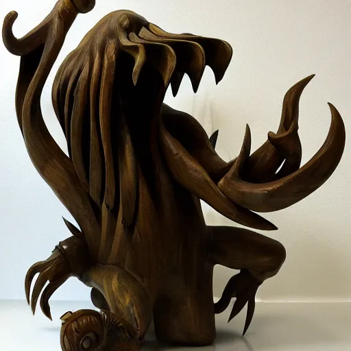 Prompt: wooden sculpture of cthulhu attacking a spaceship, polished maple, thoughtful, elegant, real