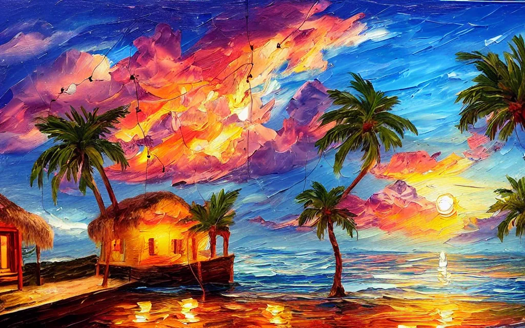 Prompt: in a sea is a tiny island surrounded by water with a cute cozy cottage with a terrace, a paved courtyard with benches a fountain and string lights, palm trees, sunset, puffy clouds, dramatic and dynamic lighting, thick brush strokes oil impasto painting