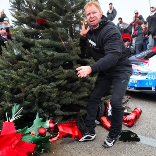 Image similar to Petter Solberg after he crashed into the christmas tree