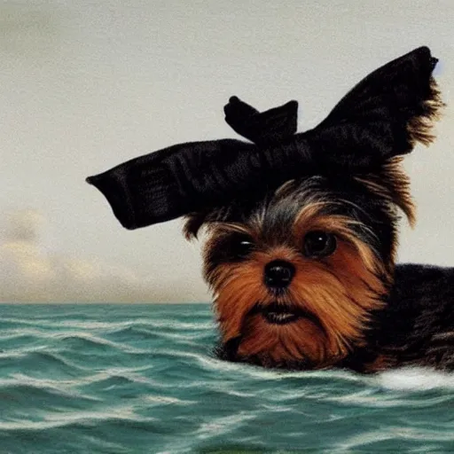 Image similar to a Yorkshire terrier wearing a black bow tie on a yacht, extremely detailed masterpiece, illustration, by Michael Sowa,