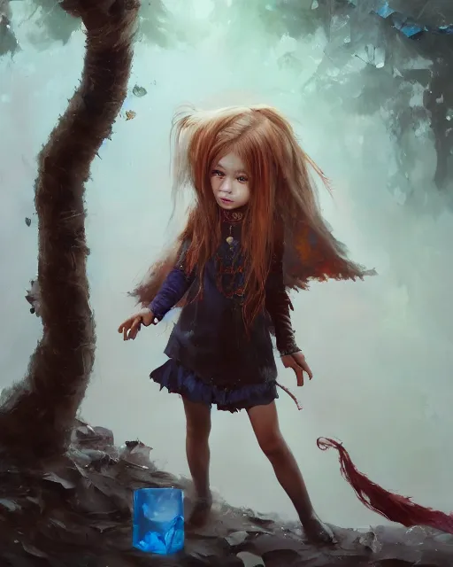 Image similar to a highly detailed oil painting of A little nightmare girl, Brown eyes, in professional makeup, with length blue hair, and a tall tree, and large obsidian crystals, cinematic lighting, dramatic atmosphere, by Dustin Nguyen, Akihiko Yoshida, Greg Tocchini, Greg Rutkowski, Cliff Chiang, 4k resolution, trending on artstation