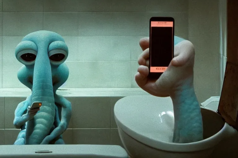 Image similar to hyperrealism aesthetic ridley scott and denis villeneuve style photography of a detailed giant squidward, siting on a detailed ultra huge toilet and scrolling his smartphone in hyperrealism scene from detailed art house movie in style of alejandro jodorowsky and wes anderson