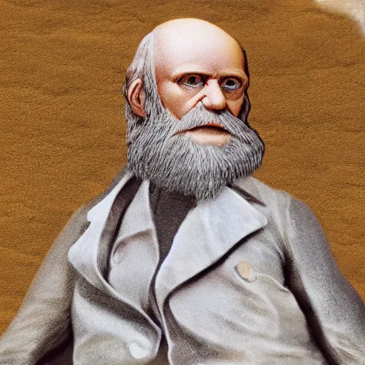 Prompt: charles darwin in a bikini realistic 4 k photograph sunny beach happy