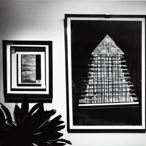 Image similar to A black and white photography of an exhibition space with works of Sun Ra, Marcel Duchamp and tropical plants, 60s, offset lithography print, newspaper, distant shot