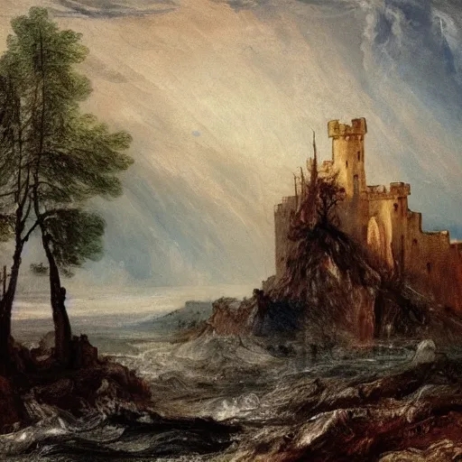Image similar to a castle on rocks seen from afar, dead trees on both side of the image, dark themed, knife painting in the style of william turner