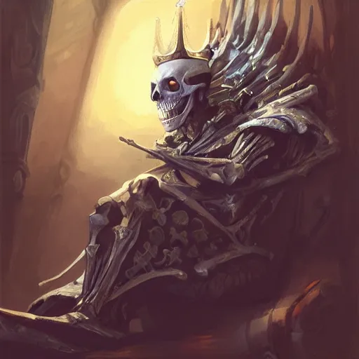 Prompt: Skeleton King, noble, resting on his throne, oil painting, by Fernanda Suarez and Greg Rutkowski