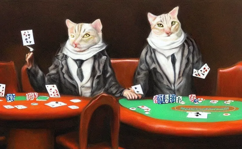 Prompt: funny cat playing poker, amazing artwork.