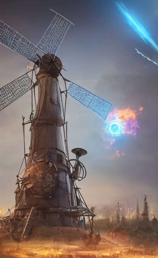 Prompt: a steampunk windmill, robot, ash, electricity lightning, concept art, sharp focus, intricate details, highly detailed, photorealistic, disney pixar, octane render, iridescent, anime, 8 k
