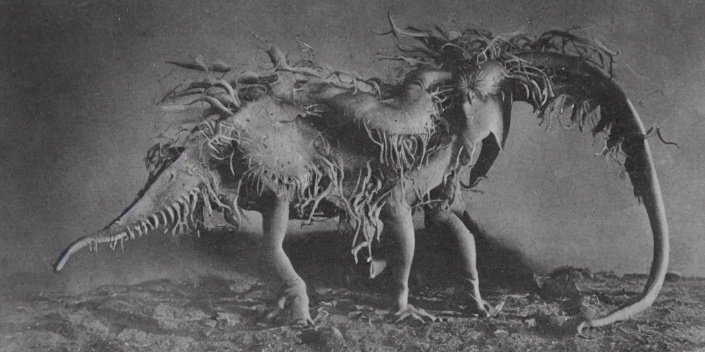 Image similar to mythical monster from a culture in an arid region, 1 9 0 0 s photograph