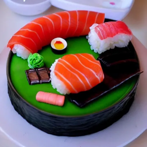 Prompt: sushi birthday cake made out of rice, diy