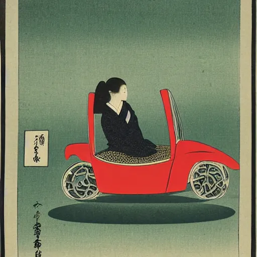 Image similar to a japanese print of a woman driving a frog car