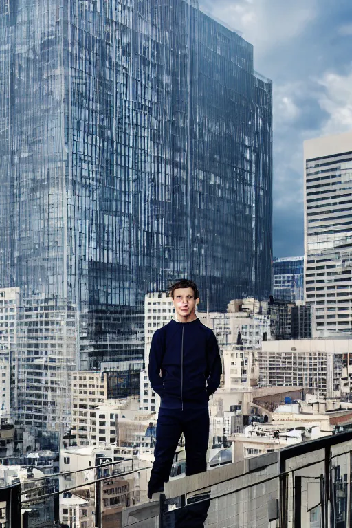 Image similar to un ultra high definition studio quality photographic art portrait of a young man standing on the rooftop of a british apartment building wearing soft padded silver pearlescent clothing. three point light. extremely detailed. golden ratio, ray tracing, volumetric light, shallow depth of field. set dressed.