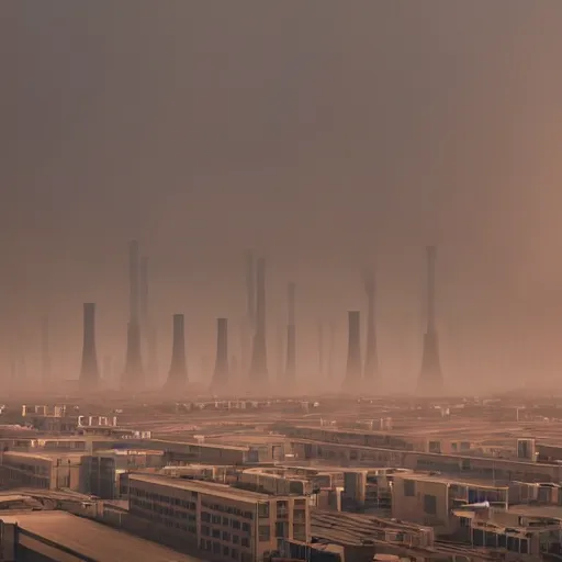 Prompt: A dystopian factory generating human clones, dense smog, dramatic lighting