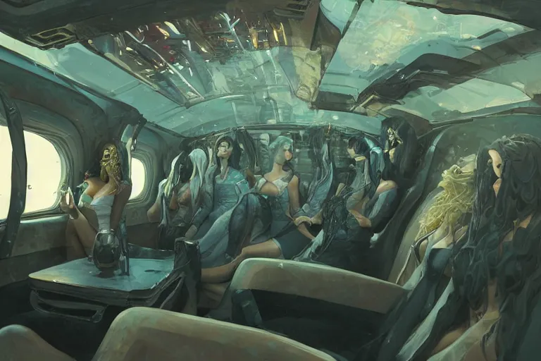 Image similar to several beautiful women in the interior of a cynerpunk limousine, by BROM, by Greg Rutkowski, 3d scene, render, ultra realistic, artstation, cgsociety, level design, unreal engine, 3d scene, zenith view