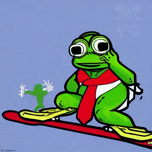 Prompt: pepe the frog jumping on a snowboard, socialist realism, north korea propaganda style