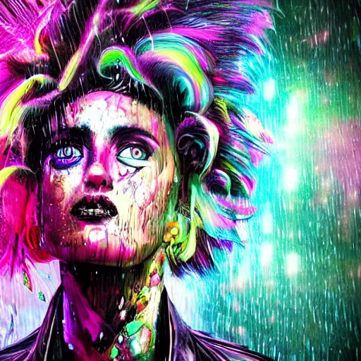 Image similar to splashes of neon galaxies, mowhawk, punk women portrait made out of paint with rain in the background, trending on artstation, epic composition, emotional, beautiful, rendered in octane, highly detailed, realistic, tim burton comic book art, sharp focus, unreal engine