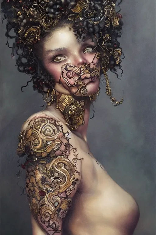 Image similar to an epic painting of a 19 years old girl figure, curly messy high bun hairstyle, whimsically designed oriental tattoos, subject wearing a gold and ruby alexander mcqueen medieval gown, flowing, ornate, beautiful, forbidden beauty, dramatic earth colors, with few vivid purple highlights, by Jeremy Mann, trending on Artstation, 80mm lens, rule of thirds, oil on canvas