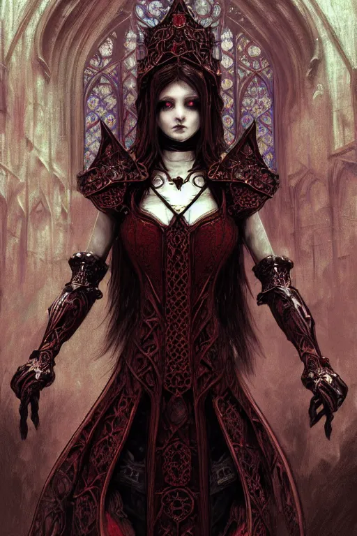 Image similar to beautiful luxury and gothic and victorian and evil medieval female reddish and black color armor knight portrait+smoky eyes+light flowing hair, in ruin gothic cathedral, ultradetail face, art and illustration by tian zi and craig mullins and WLOP and alphonse mucha, fantasy, intricate complexity, human structure, fantasy world concept, watermark, blurry, hyperrealism 8k