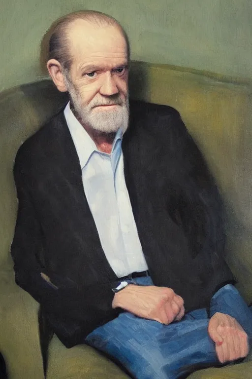 Image similar to portrait of george carlin seated on a couch, oil painting by wilson mclean, sharp focus, masterpiece, highly detailed