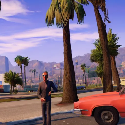 Image similar to Jeff Goldblum in GTA v. Los Santos in the background, palm trees. In the art style of Stephen Bliss.