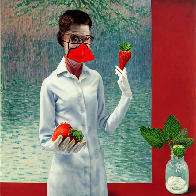 Prompt: a tall female pathology student holding a strawberry, a river flooding inside, medical supplies, medical mask, syringes, pathology sample test tubes, pigs, plants in glass vase, water, river, rapids, canoe, pomegranate, berries dripping, waterfall, swans, acrylic on canvas, surrealist, by magritte and monet