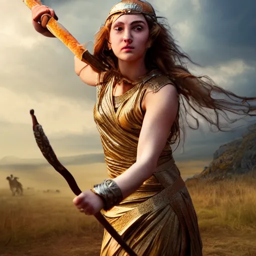 Image similar to Greek goddess Athena fighting with stupidity, stupidity is represented by internet influencers, realistic person, spear in the right hand, long hair, natural look, realistic photography, hyper realistic, highly detailed, 4k, battle landscape, high quality image, couraging and atmospheric composition