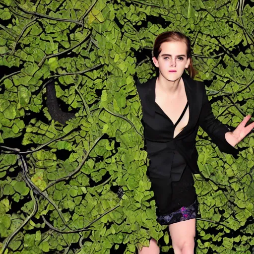 Prompt: angry emma watson entangled and stuck in giant vines