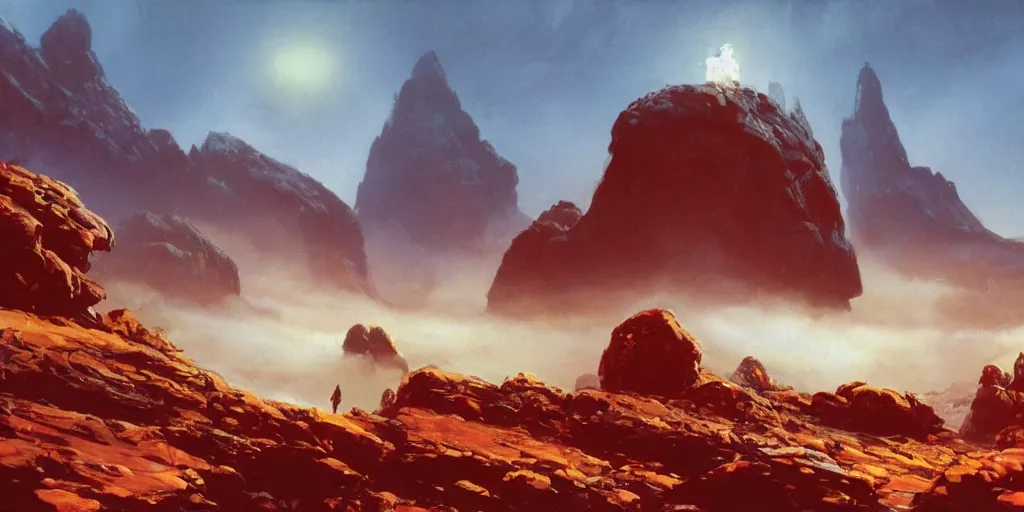 Image similar to ”rising from a round pool while being chased by tentacles, rugged alien planet with rocks, mountains in the background in a blue fog, side-view, [epic, cinematic, establishing shot, far, paul lehr, rutkowski]”