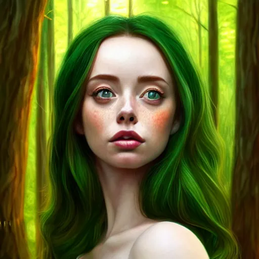 Image similar to realistic character concept, gorgeous Kacey Rohl, red hair, small freckles, symmetrical face, symmetrical eyes, green dress, forest, trees, shorter neck, cinematic lighting, artgerm, Joshua Middleton, Adreas Rocha, beautiful