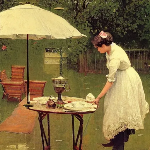 Image similar to a gorgeous housewife putting dishes on a table in the backyard, the table has a parasol, rainy scene, 1 9 5 0's, medium symmetry, by ilya repin, extreme detail, 8 k, intricate abstract, photorealistic