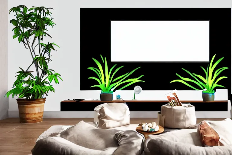 Image similar to very wide angle view, a modern home movie theater with big screen!!, stylish wall sconces lights, detailed art deco decoration!!, plants, popcorn machine, rough watercolor painting, trending on artstation