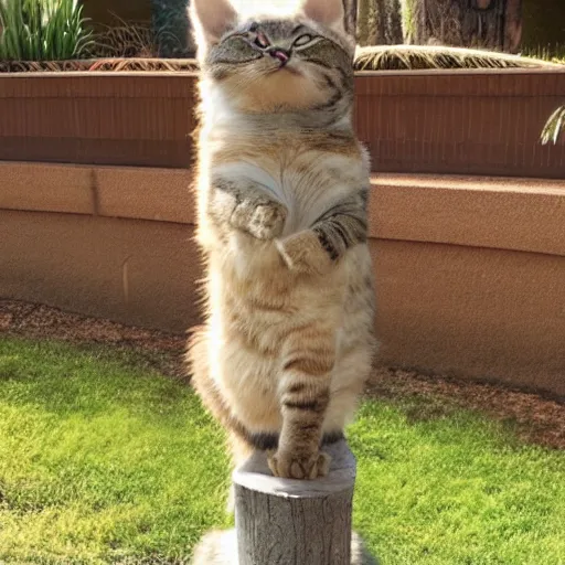 Prompt: highly detailed anthropomorphic cat in dancing pose on long scratch post