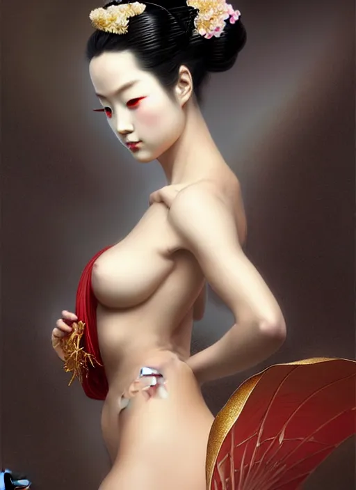 Image similar to organic seductive Geisha, pearlescent skin, diffuse lighting, fantasy, intricate, elegant pose, highly detailed, lifelike, photorealistic, digital painting, artstation, illustration, concept art, different point of view, smooth, sharp focus, art by John Collier and Albert Aublet and Leonardo da vinci and Moebius and Krenz Cushart