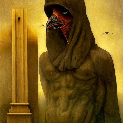 Image similar to Exterior Desert Oasis ripped physique demonic crow wearing a man costume giorgio de chirico Jan Van eyck bastien lecouffe-deharme odd nerdrum dragan bibin john steuart curry