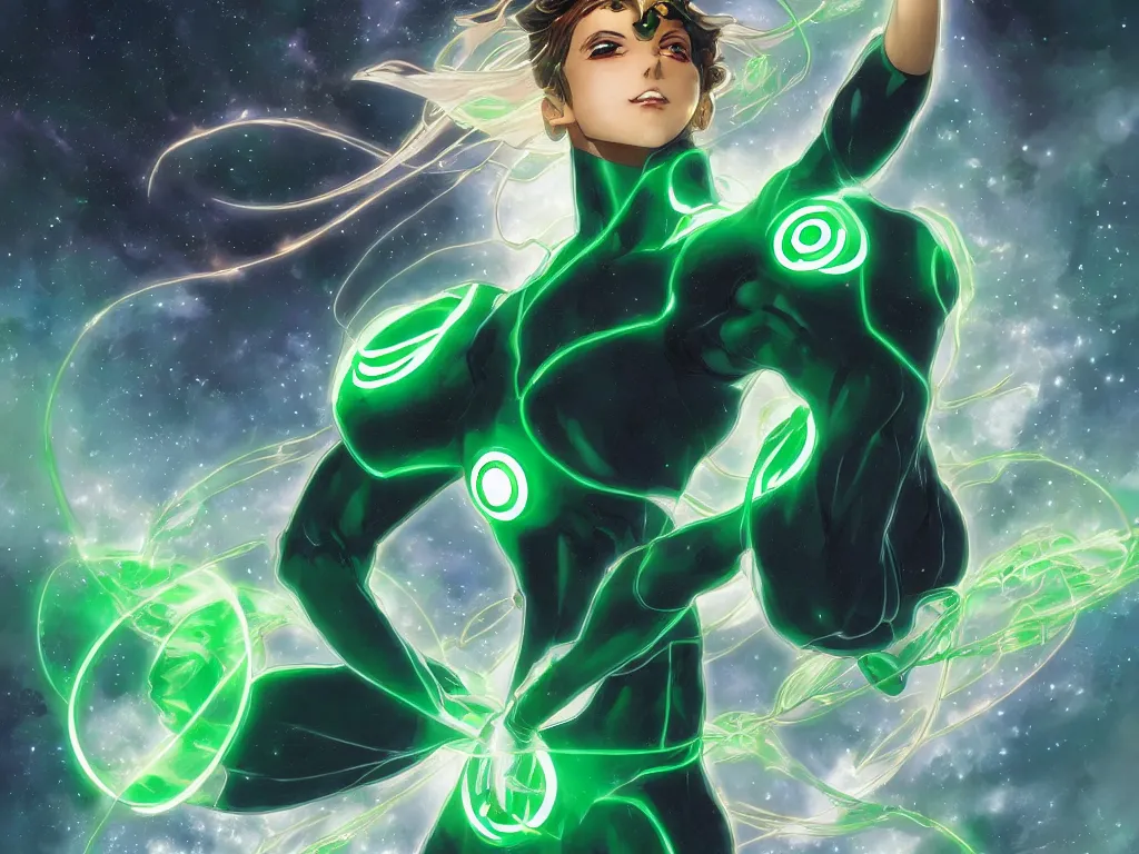 Image similar to anime key visual of one beautiful female green lantern, dc comics, power, hope, glowing, intricate, in space, stunning, highly detailed, digital painting, artstation, smooth, hard focus, illustration, art by artgerm and greg rutkowski and alphonse mucha