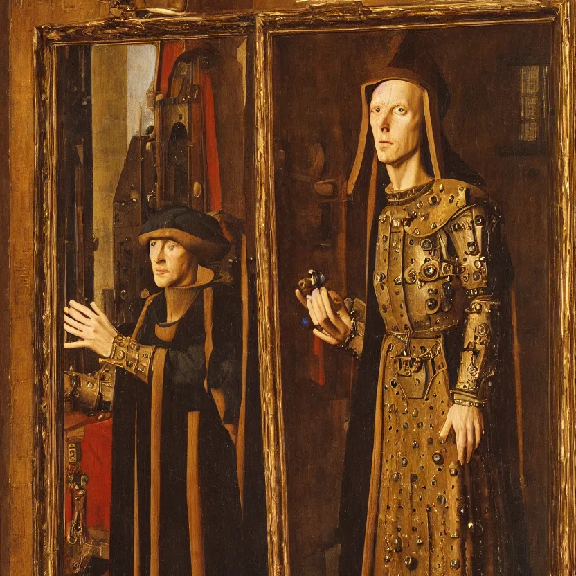 Prompt: van eyck oil painting of a medieval cyborg looking its reflection on a big mirror, mechanism visible symmetric defined ultra hd