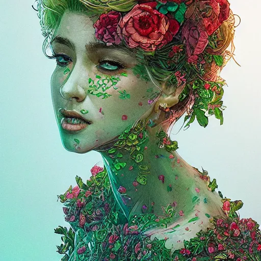 Image similar to the portrait of an absurdly beautiful, graceful, elegant, sensual woman made of strawberries and green petals, an ultrafine hyperdetailed illustration by kim jung gi, irakli nadar, intricate linework, bright colors, octopath traveler, final fantasy, unreal engine 5 highly rendered, global illumination, radiant light, detailed and intricate environment