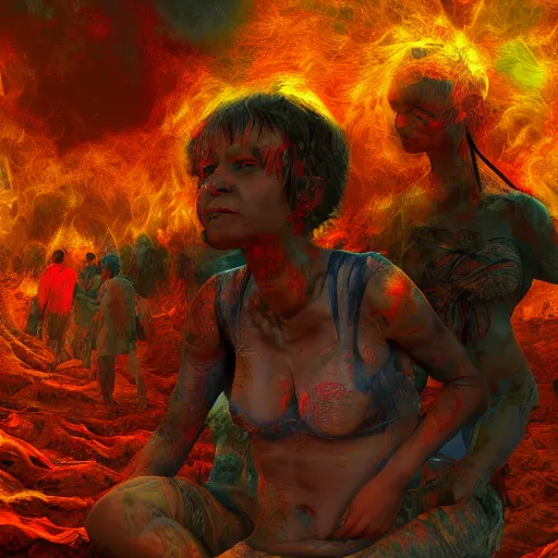 Image similar to hell with people suffering, digital art, highly detailed, realistic, bright colors, 8 k