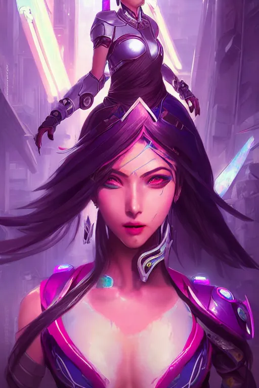 Image similar to irelia from league of legends, cyberpunk futuristic neon. blades flying around her, decorated with traditional japanese ornaments by ismail inceoglu dragan bibin hans thoma greg rutkowski alexandros pyromallis nekro rene maritte illustrated, perfect face, fine details, realistic shaded, fine - face, pretty face, masterpiece