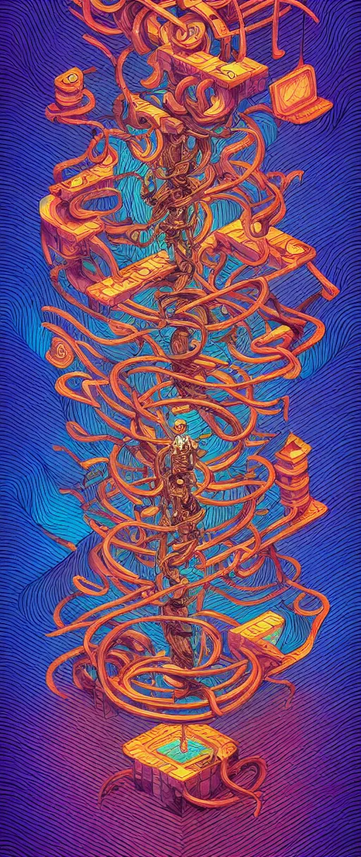 Prompt: archaic twisted turn of fate abstraction, centered award winning ink pen illustration, isometric abstract illustration by dan mumford, edited by craola, technical drawing by beeple and tooth wu, tiny details by artgerm and watercolor girl, symmetrically isometrically centered