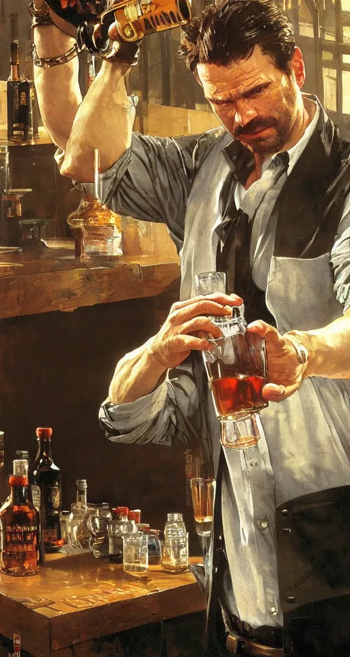 Image similar to close up of max payne pouring a drink, sun shining, photo realistic illustration by greg rutkowski, thomas kindkade, alphonse mucha, loish, norman rockwell.