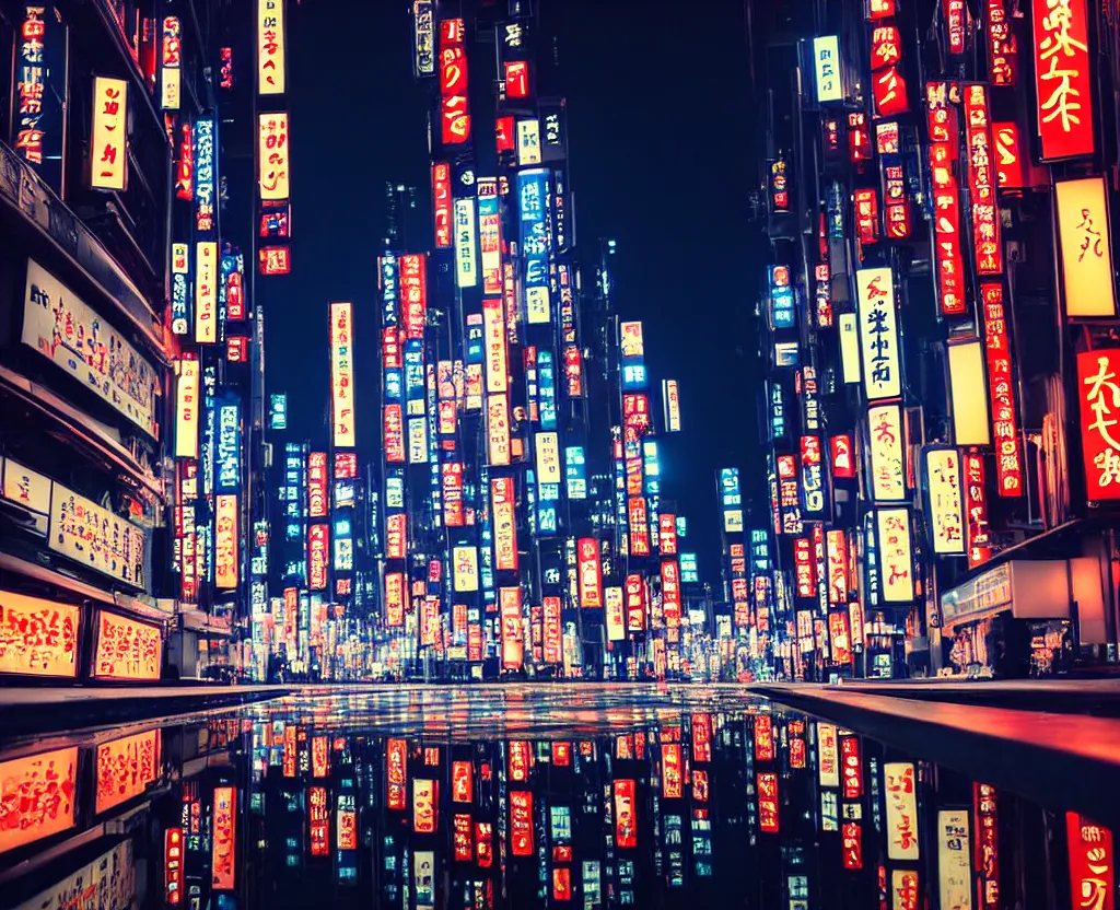 Image similar to beautiful!!! overwhelming!!!!! studio photograph of japan at night, reflective intricate puddles, beautiful tall luxurious neon buildings with advertisements, cars and crowd, traffic lights, dense atmosphere, stunning composition, moon rays, beautiful calming atmosphere, studio level quality, photography, hyperdetailed