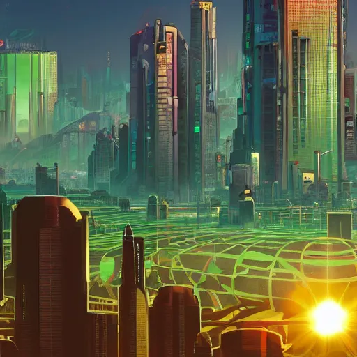 Image similar to solarpunk city contrasted with cyberpunk in the background