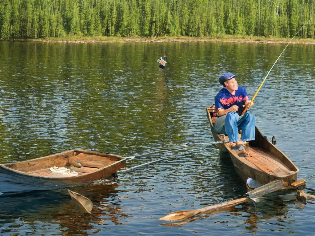 Prompt: disney's goofy fishing with rod from old wooden rowboat on a finnish lake