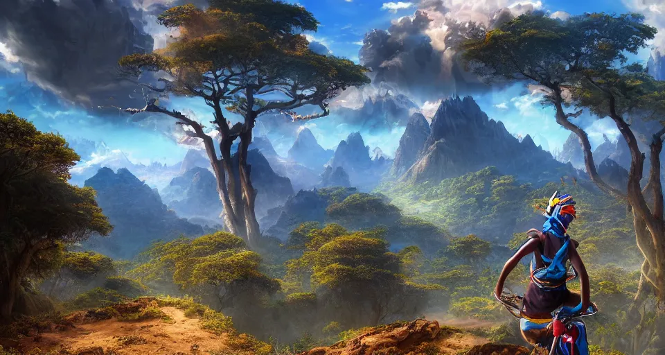 Prompt: An epic fantasy anime style landscape painting of an African mountain range, with a kenyan Mountainbiker and a blue umbrella, unreal 5, DAZ, hyperrealistic, octane render, dynamic lighting